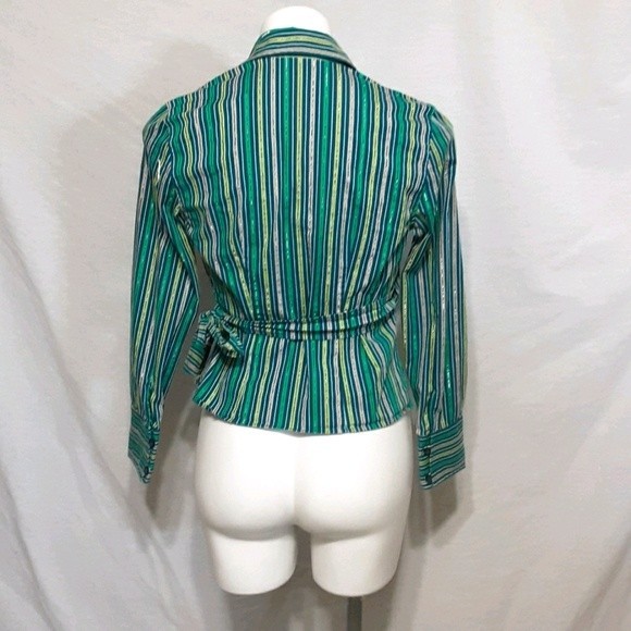 Valerie Stevens Pinstripe Wrap Top PS Metallic Accents Office Casual Work Look - Picture 5 of 6